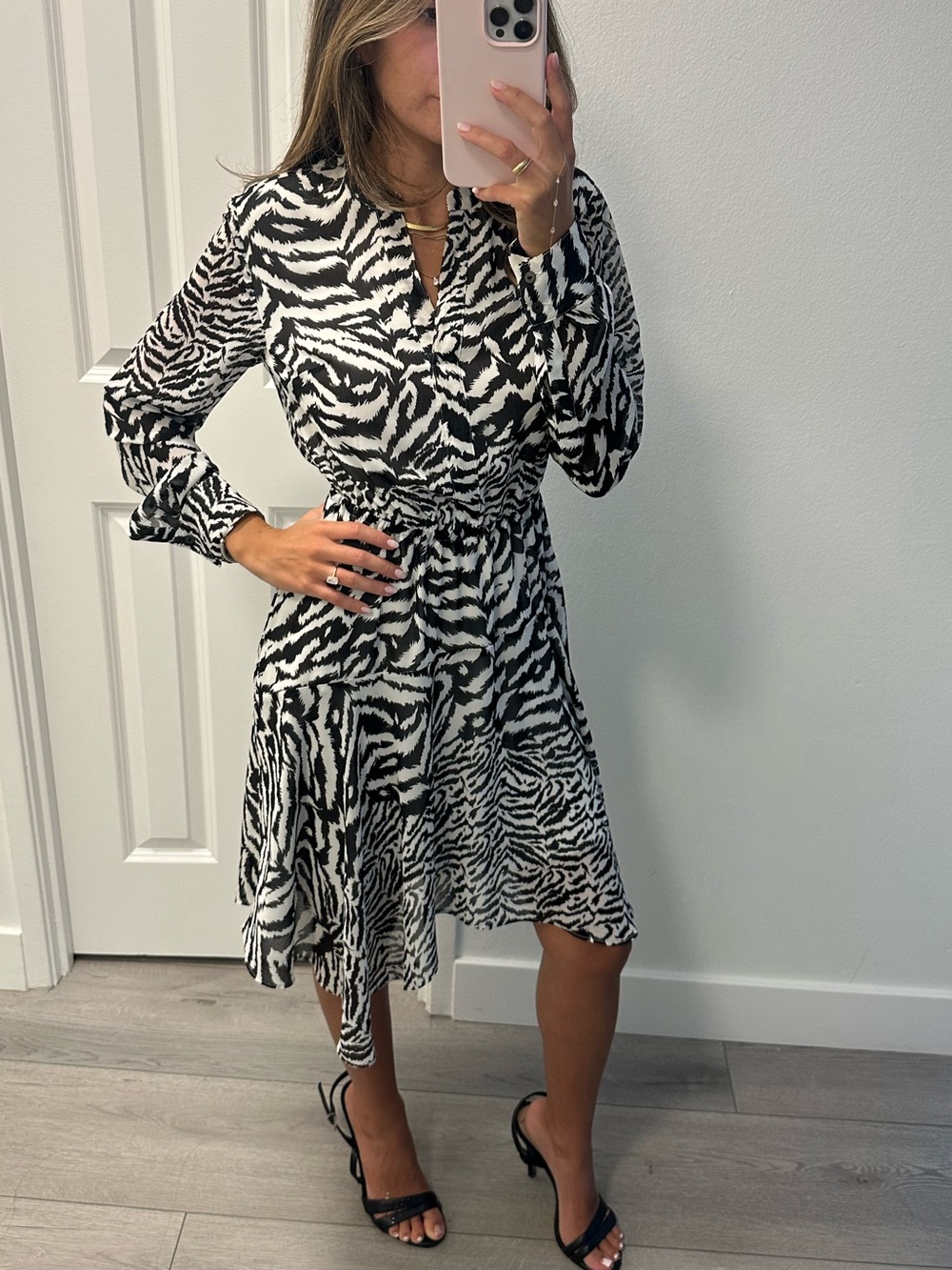 All Saints Black & White Zebra-Print Long Sleeve Wrap Dress